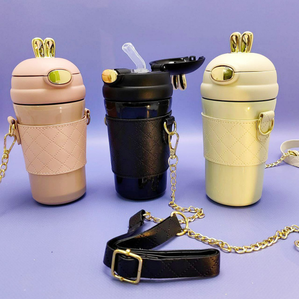 Термокружка "Зайка с ушками" 400 мл. / Термостакан из нержавеющей стали с чехлом, ремешком и трубочкой, Бежевый цвет